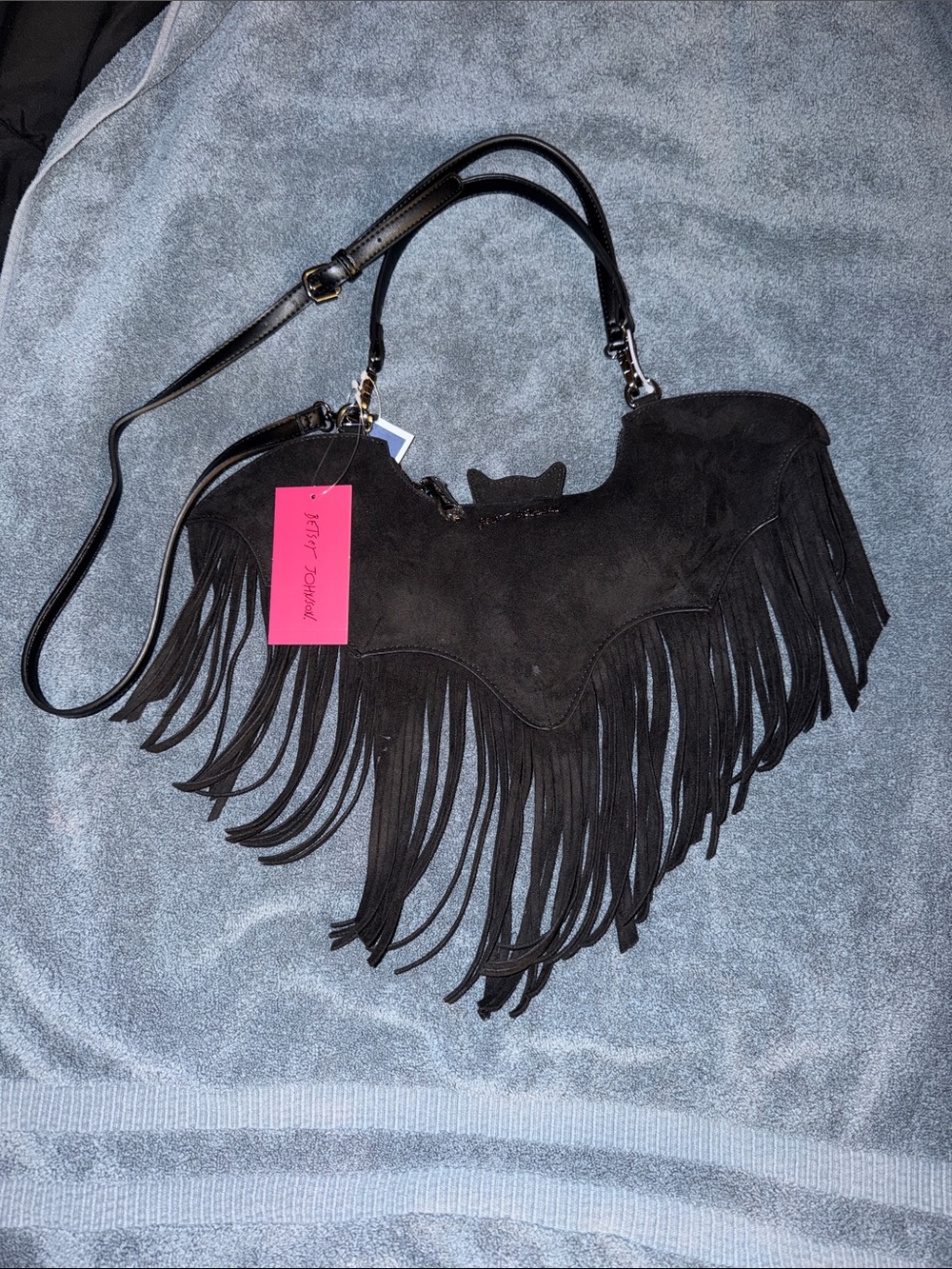 Betsey Johnson Black Suede Batwing Fringe Shoulder Bag